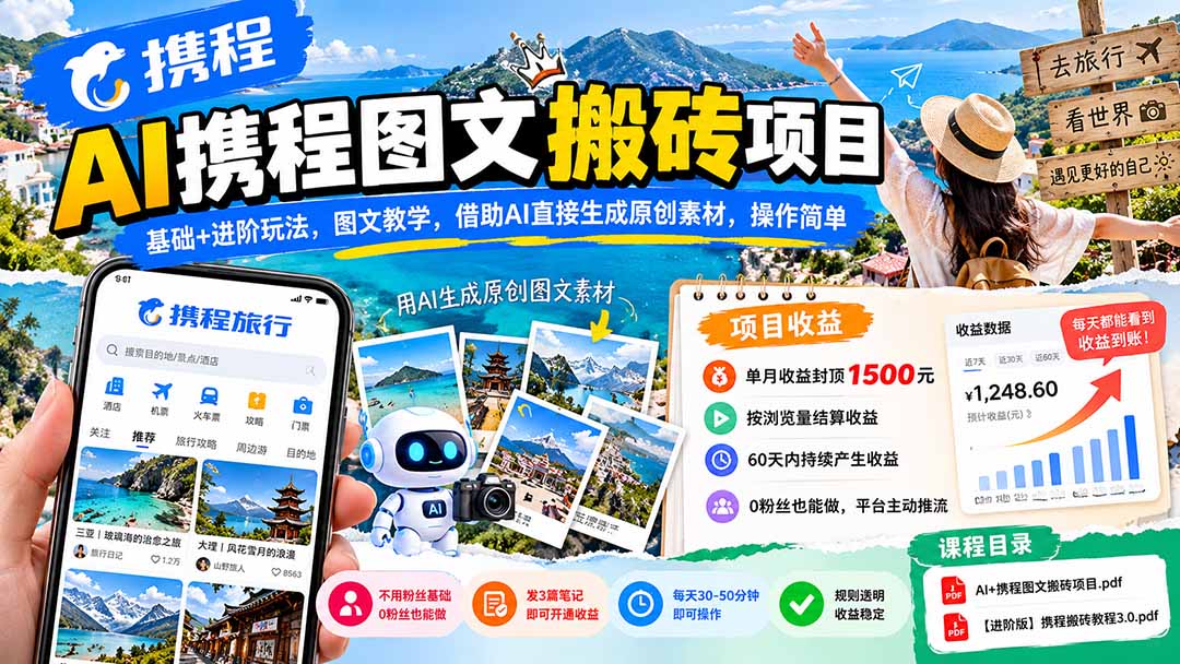 （21180期）AI携程图文搬砖项目，基础+进阶玩法，图文教学，借助AI直接生成原创素材，操作简单-知创网