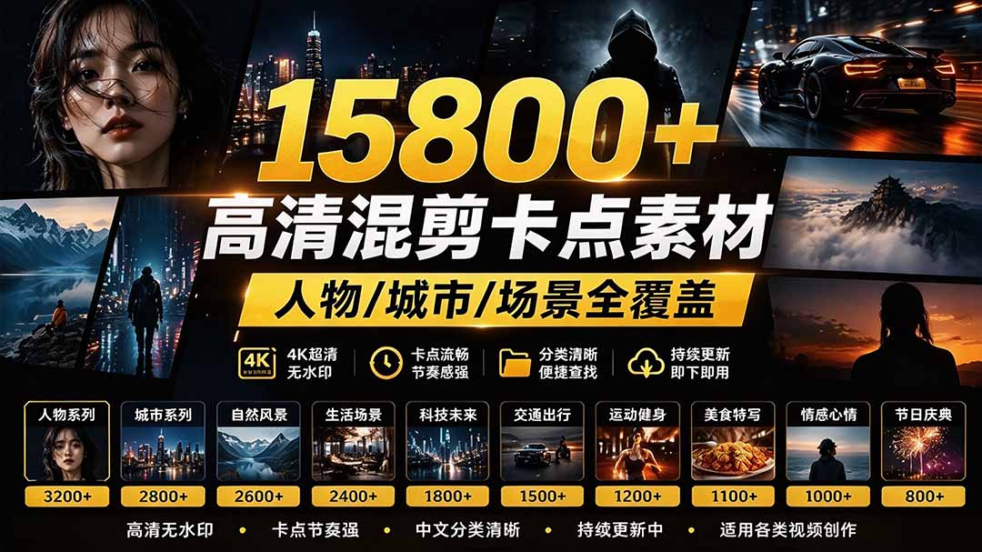 （21008期）【影视剪辑素材合集】15800+高清混剪卡点｜热门影视精彩片段｜人物/城市/场景全覆盖，中文分类清晰-知创网