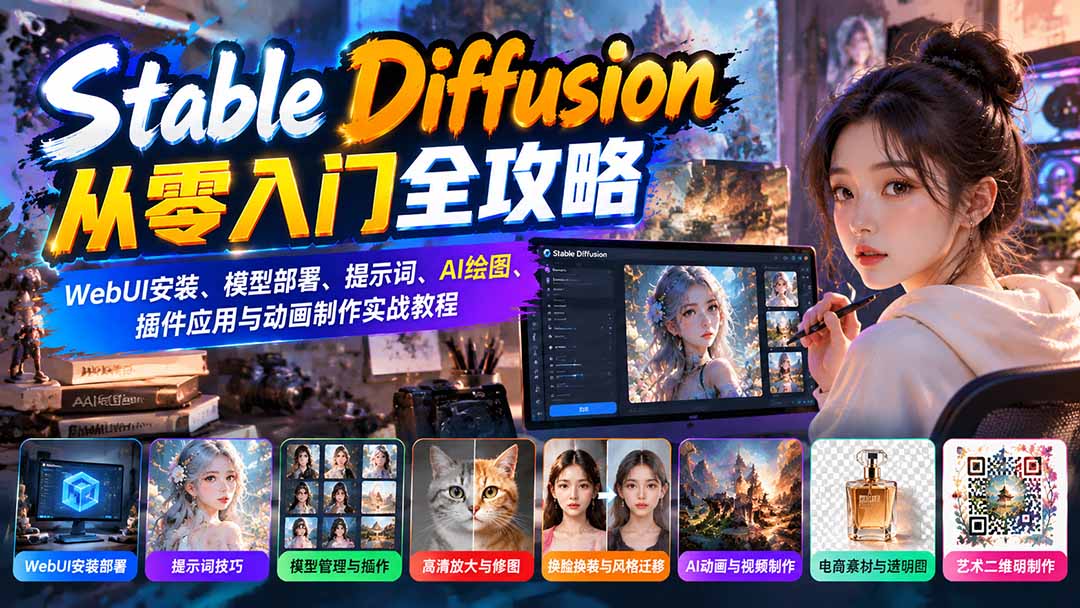 （21062期）Stable Diffusion从零入门全攻略：WebUI安装、模型部署、提示词、AI绘图、插件应用与动画制作实战教程-知创网