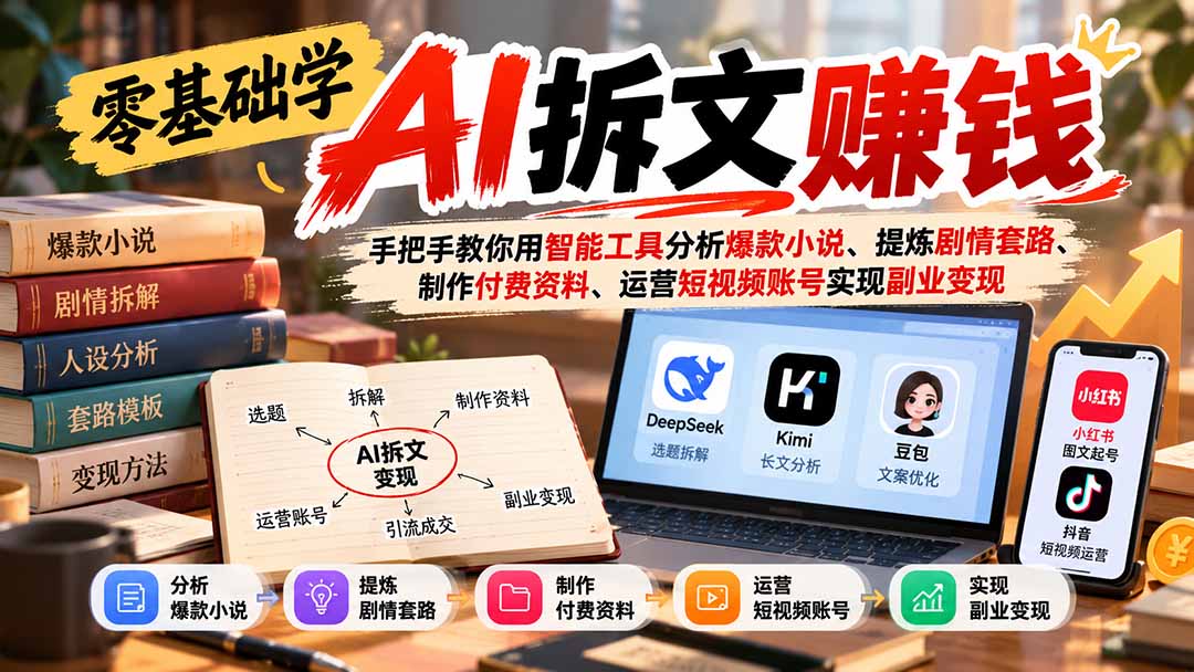 （21030期）零基础学AI拆文赚钱：手把手教你用智能工具分析爆款小说、提炼剧情套路、制作付费资料、运营短视频账号实现副业变现-知创网