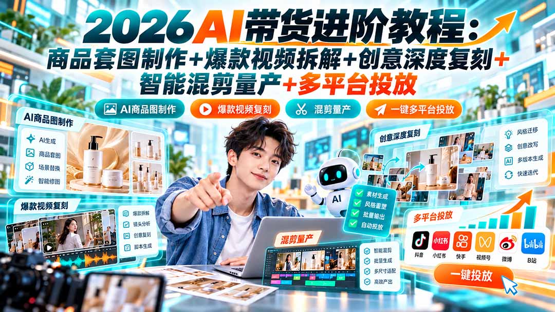 （20857期）2026AI带货进阶教程：商品套图制作+爆款视频拆解+创意深度复刻+智能混剪量产+多平台投放-知创网