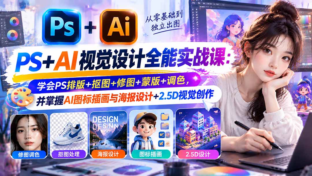 （20749期）【无水印】PS+AI视觉设计全能实战课：学会PS排版+抠图+修图+蒙版+调色，并掌握AI图标插画与海报设计+2.5D视觉创作-知创网