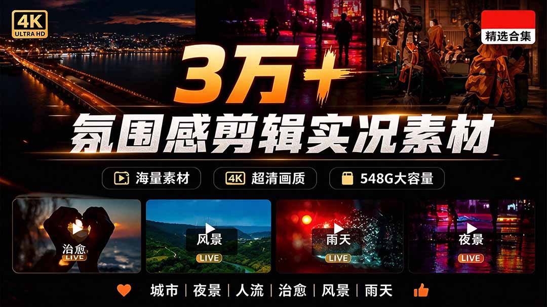 (21009期)氛围感3万+海量高清剪辑实况素材,含雨天、雪天、夜景、街道等经典场景,伤感唯美励志短视频无水印素材-知创网