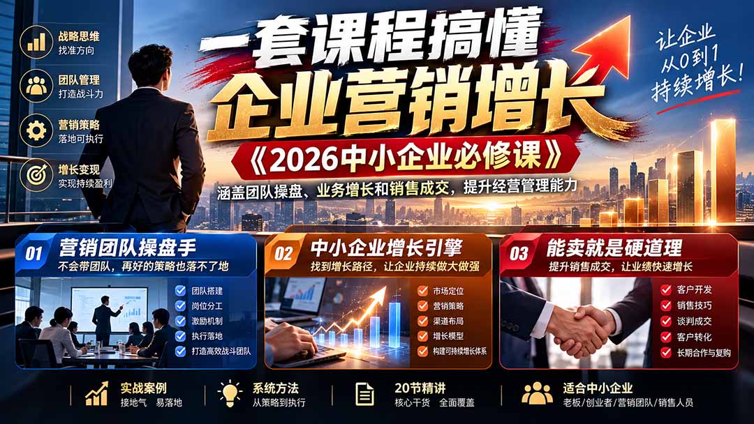 （21269期）一套课程搞懂企业营销增长《2026中小企业必修课》涵盖团队操盘、业务增长和销售成交，提升经营管理能力-知创网