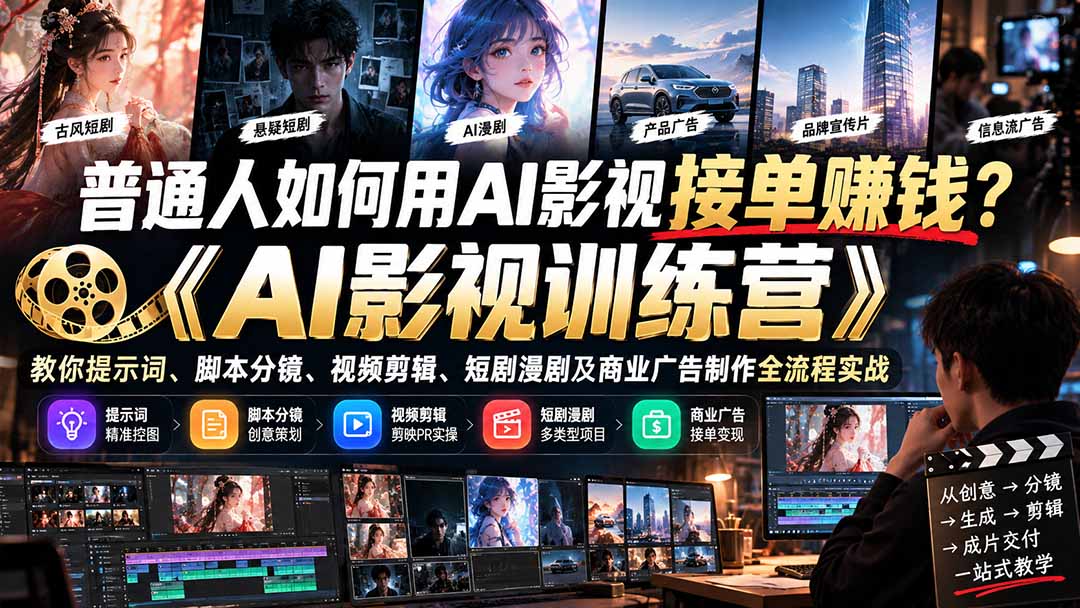 (21230期)普通人如何用AI影视接单赚钱?《AI影视训练营》教你提示词、脚本分镜、视频剪辑、短剧漫剧及商业广告制作全流程实战-知创网