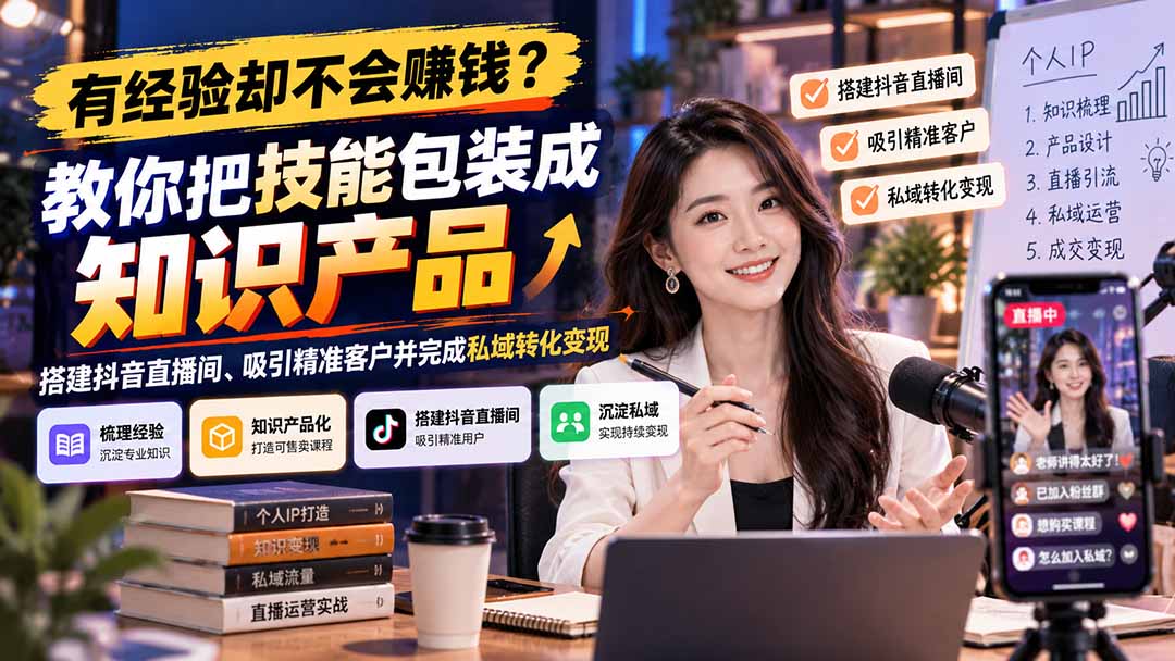（21268期）有经验却不会赚钱？教你把技能包装成知识产品，搭建抖音直播间、吸引精准客户并完成私域转化变现-知创网