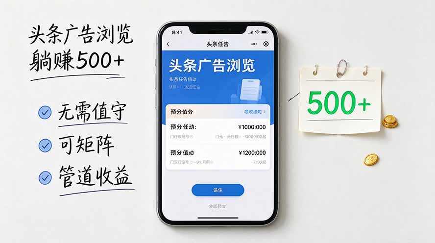 （20835期）头条广告浏览躺赚500+无需值守，可矩阵并附有管道收益-知创网