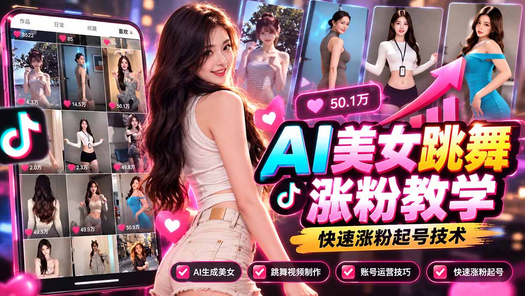 （21256期）AI美女跳舞涨粉教学，AI生成美女，跳舞视频制作，账号运营与快速起号涨粉-知创网