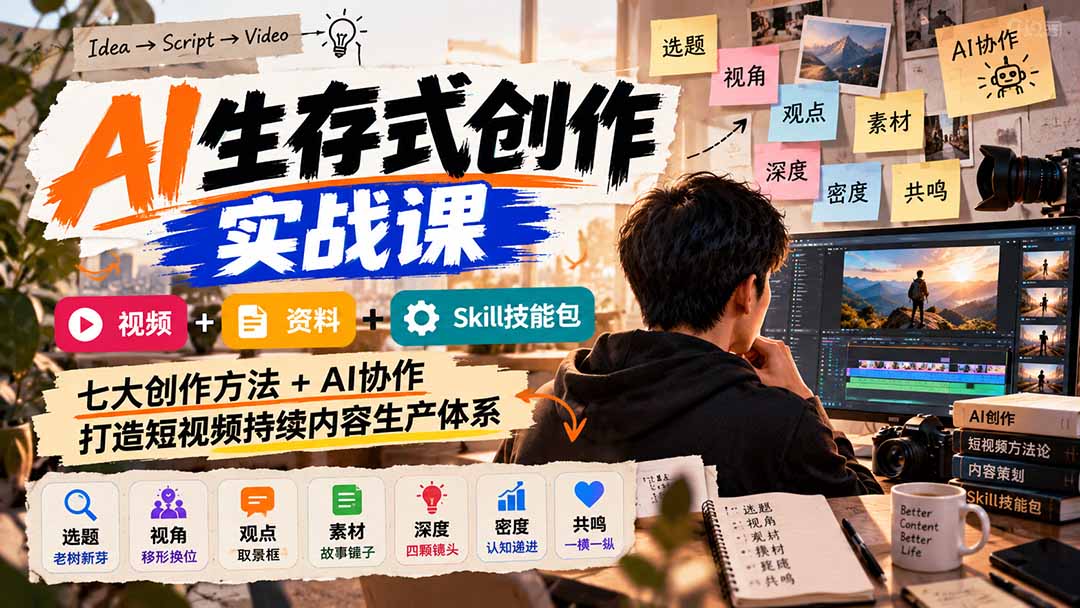 （21081期）AI生存式创作实战课：视频+资料+Skill技能包，七大创作方法+AI协作，打造短视频持续内容生产体系-知创网