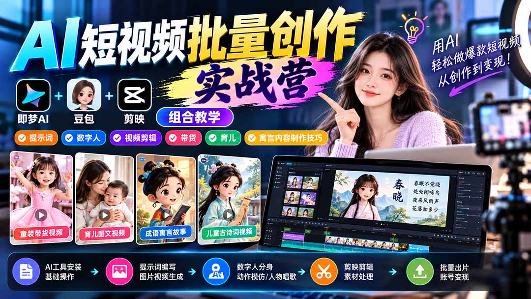 （21039期）【无水印】AI短视频批量创作实战营：即梦+豆包+剪映组合教学，提示词/数字人/视频剪辑/带货/育儿/寓言内容制作技巧-知创网