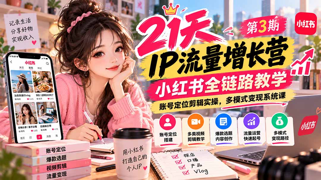 （20992期）【无水印】21天IP流量增长营-第3期，小红书全链路教学，账号定位剪辑实操，多模式变现系统课-知创网