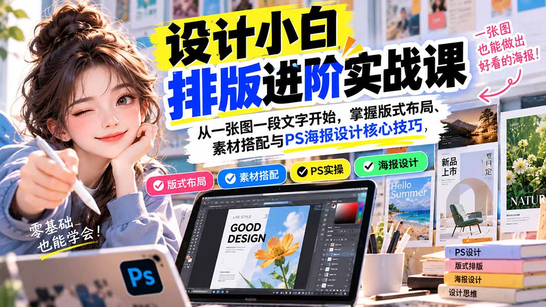 （20838期）设计小白排版进阶实战课：从一张图一段文字开始，掌握版式布局、素材搭配与PS海报设计核心技巧-知创网