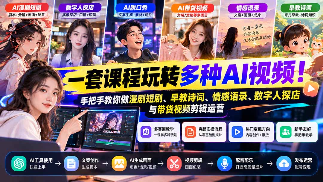 （21271期）【无水印】一套课程玩转多种AI视频！手把手教你做漫剧短剧、早教诗词、情感语录、数字人探店与带货视频剪辑运营-知创网