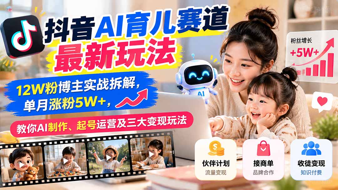 （21082期）抖音AI育儿赛道最新玩法：12W粉博主实战拆解，单月涨粉5W+，教你AI制作、起号运营及三大变现玩法-知创网