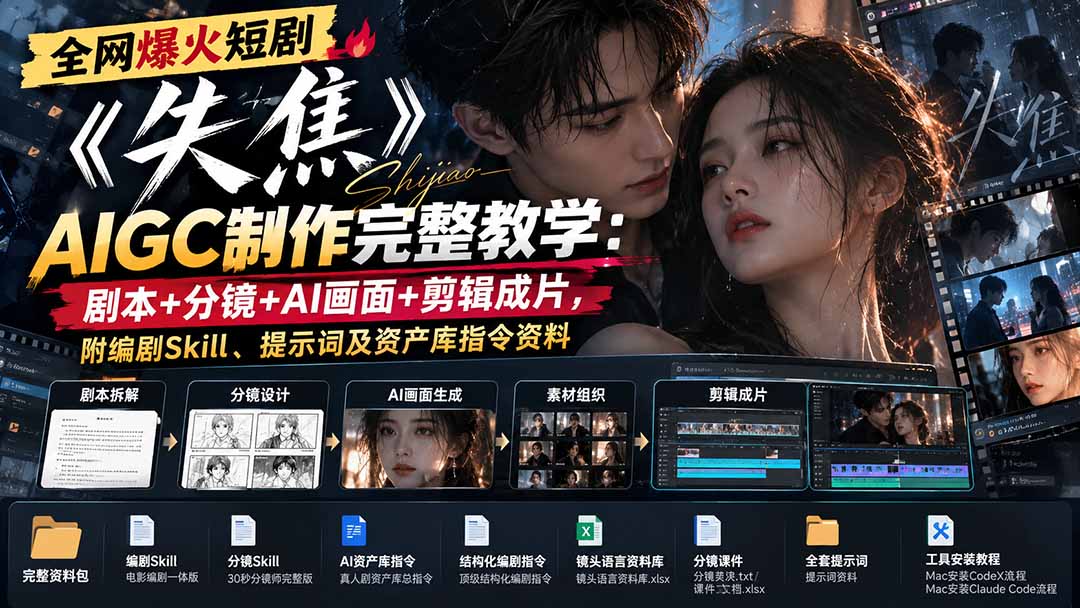 （20805期）全网爆火短剧《失焦》AIGC制作完整教学：剧本+分镜+AI画面+剪辑成片，附编剧Skill、提示词及资产库指令资料-知创网