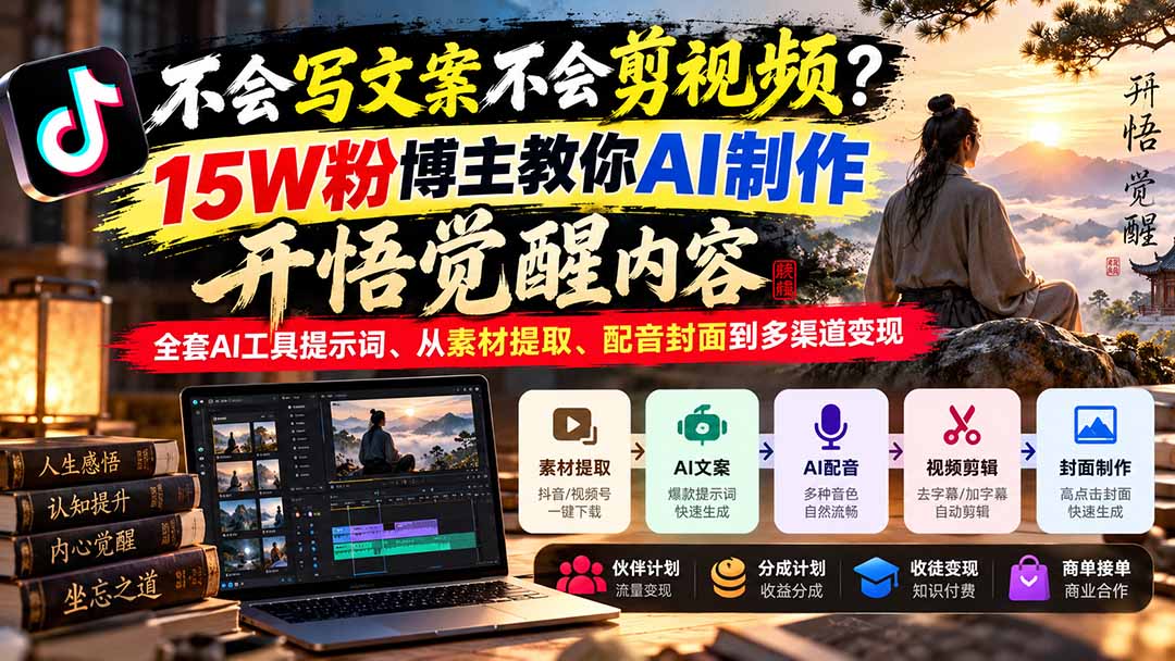 （21085期）不会写文案不会剪视频？15W粉博主教你AI制作开悟觉醒内容，全套AI工具提示词、从素材提取、配音封面到多渠道变现-知创网