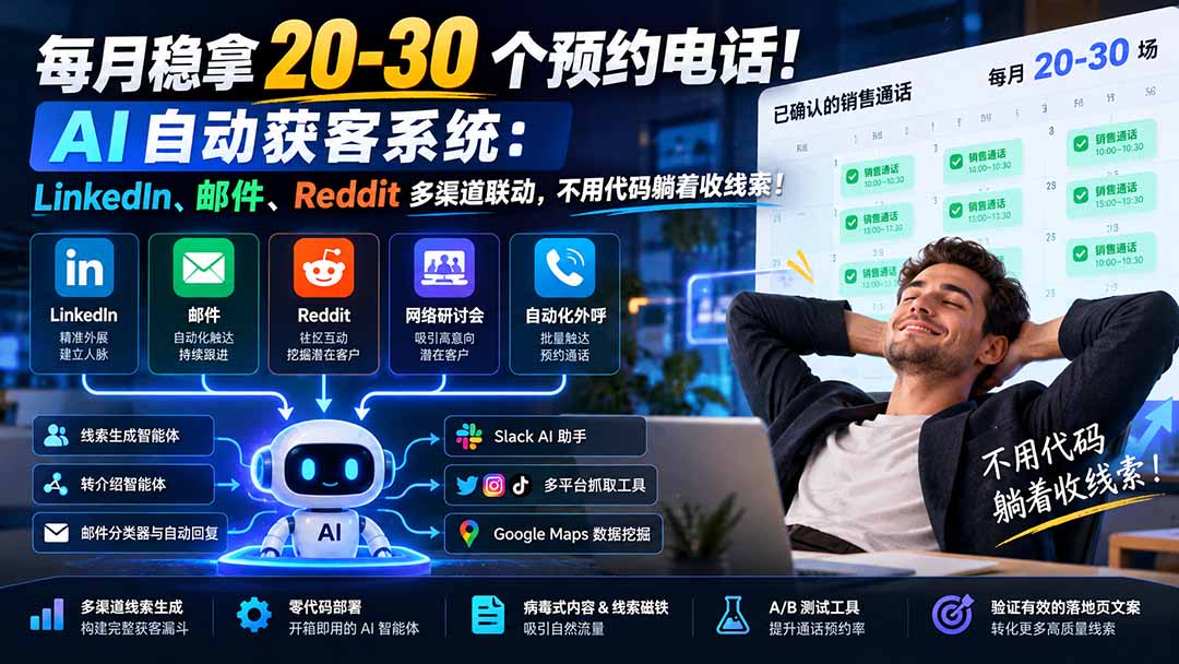 （21164期）每月稳拿 20-30 个预约电话！AI 自动获客系统：LinkedIn、邮件、Reddit 多渠道联动，不用代码躺着收线索！-知创网