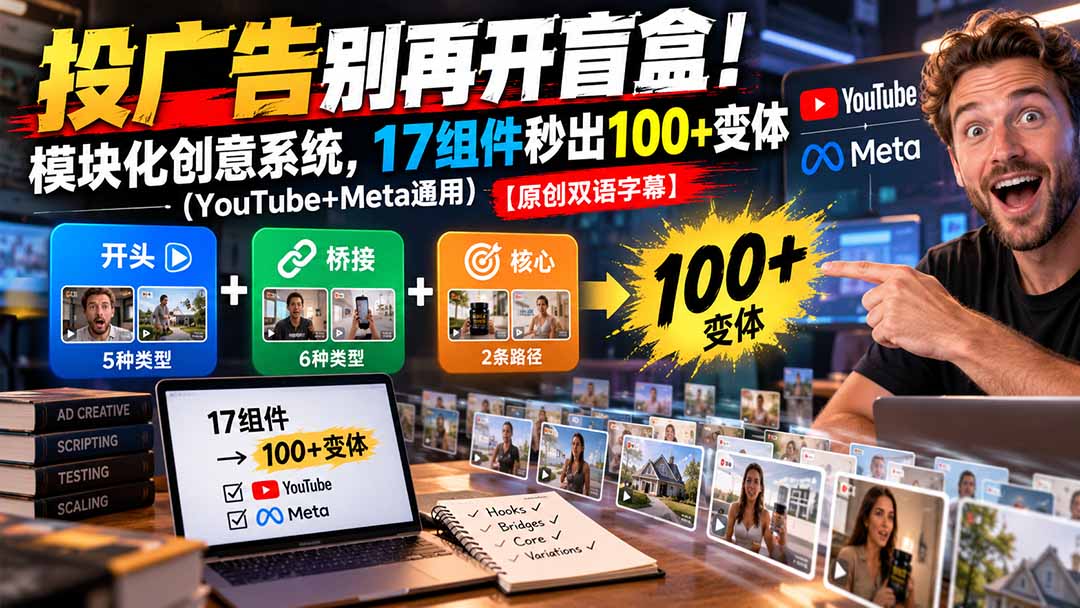 (20840期)投广告别再开盲盒!模块化创意系统,17组件秒出100+变体(YouTube+Meta通用)【原创双语字幕】-知创网