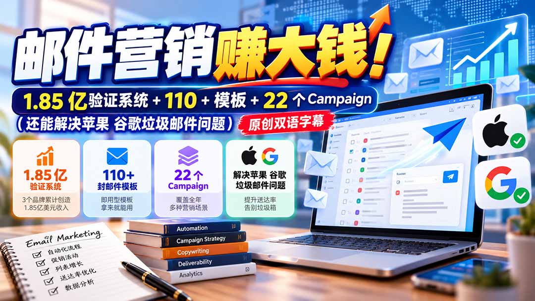 （20984期）邮件营销赚大钱！1.85亿验证系统+110+模板+22个Campaign（还能解决苹果 谷歌垃圾邮件问题）【原创双语字幕】-知创网