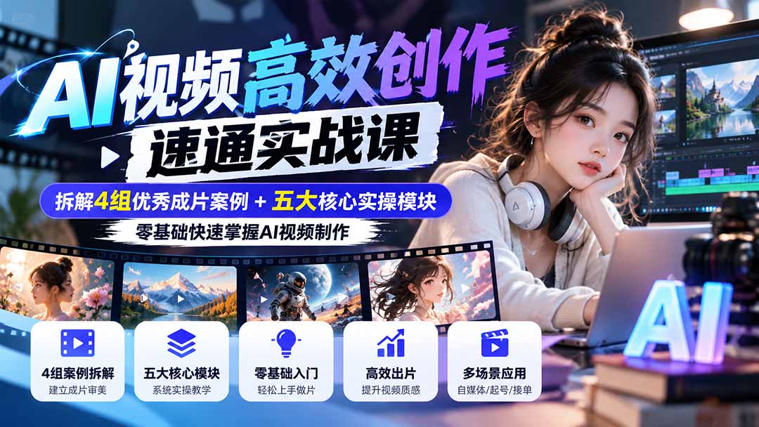 （20819期）【无水印】AI视频高效创作速通实战课：拆解4组优秀成片案例+五大核心实操模块，零基础快速掌握AI视频制作-知创网
