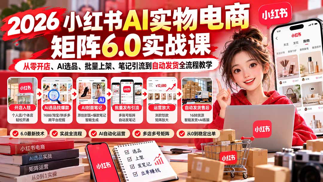 （21274期）2026小红书AI实物电商矩阵6.0实战课：从零开店、AI选品、批量上架、笔记引流到自动发货全流程教学-知创网