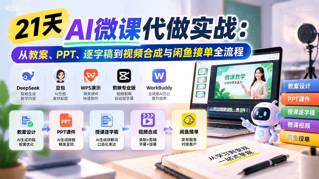 （21065期）21天AI微课代做实战：从教案、PPT、逐字稿到视频合成与闲鱼接单全流程-知创网