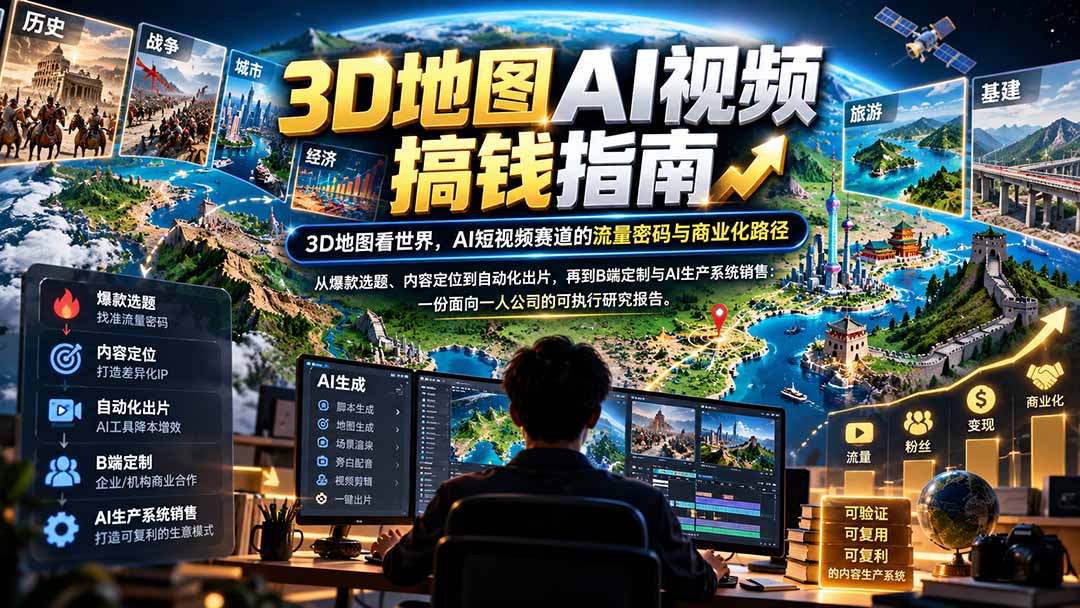 (21181期)3D地图AI视频搞钱指南,3D地图看世界,AI短视频赛道的流量密码与商业化路径【文档】-知创网
