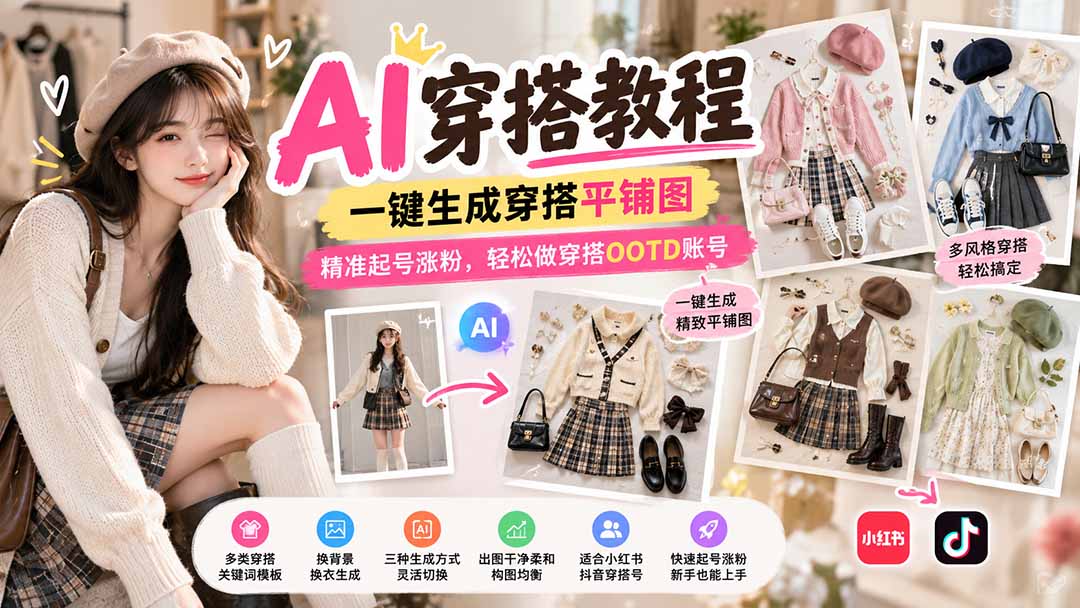 （21134期）【无水印】AI穿搭教程｜一键生成穿搭平铺图，精准起号涨粉，轻松做穿搭OOTD账号-知创网