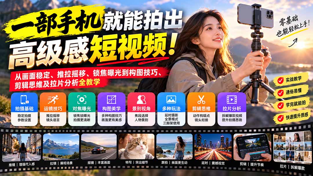 （21272期）一部手机就能拍出高级感短视频！从画面稳定、推拉摇移、锁焦曝光到构图技巧、剪辑思维及拉片分析全教学-知创网