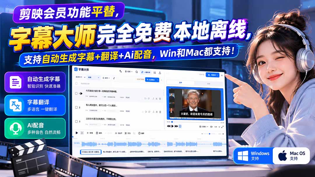 （20902期）剪映会员功能平替，字幕大师完全免费本地离线，支持自动生成字幕+翻译+Ai配音，Win和Mac都支持！-知创网