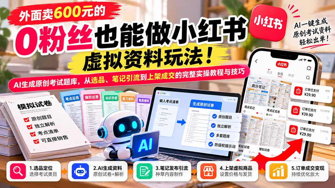 （21181期）外面卖600元的 零粉丝也能做小红书虚拟资料玩法！AI生成原创考试题库，从选品、笔记引流到上架成交的完整实操教程-知创网