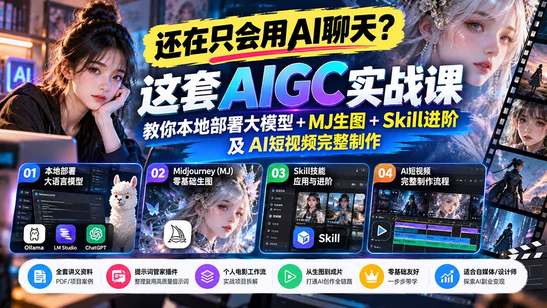 （21135期）【无水印】还在只会用AI聊天？这套AIGC实战课教你本地部署大模型+MJ生图+Skill进阶及AI短视频完整制作-知创网