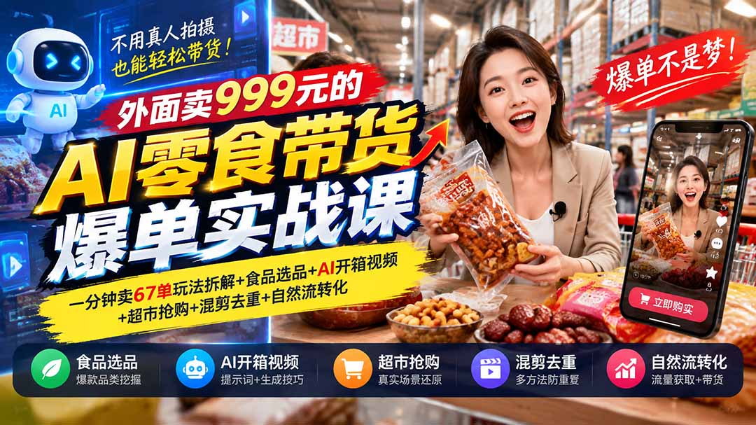 （20994期）外面卖999元的AI零食带货爆单实战课｜一分钟卖67单玩法拆解+食品选品+AI开箱视频+超市抢购+混剪去重+自然流转化-知创网