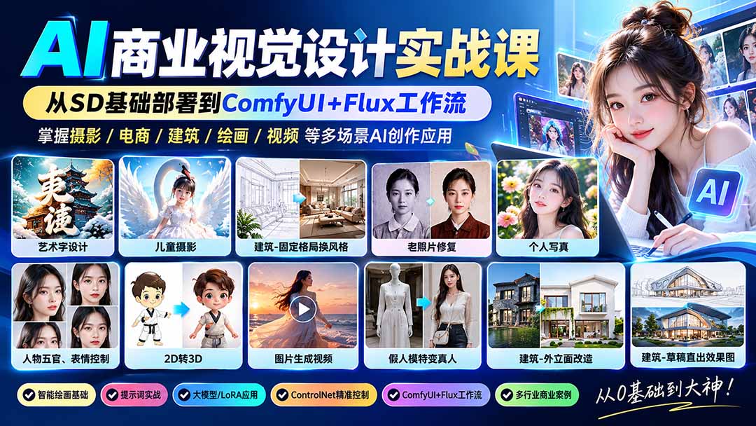 （20824期）【无水印】AI商业视觉设计实战课：从SD基础部署到ComfyUI+Flux工作流，掌握摄影电商建筑AI创作-知创网