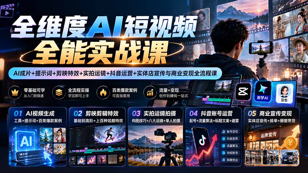 （20768期）【无水印】全维度AI短视频全能实战课：AI成片+提示词+剪映特效+实拍运镜+抖音运营+实体店宣传与商业变现全流程课-知创网