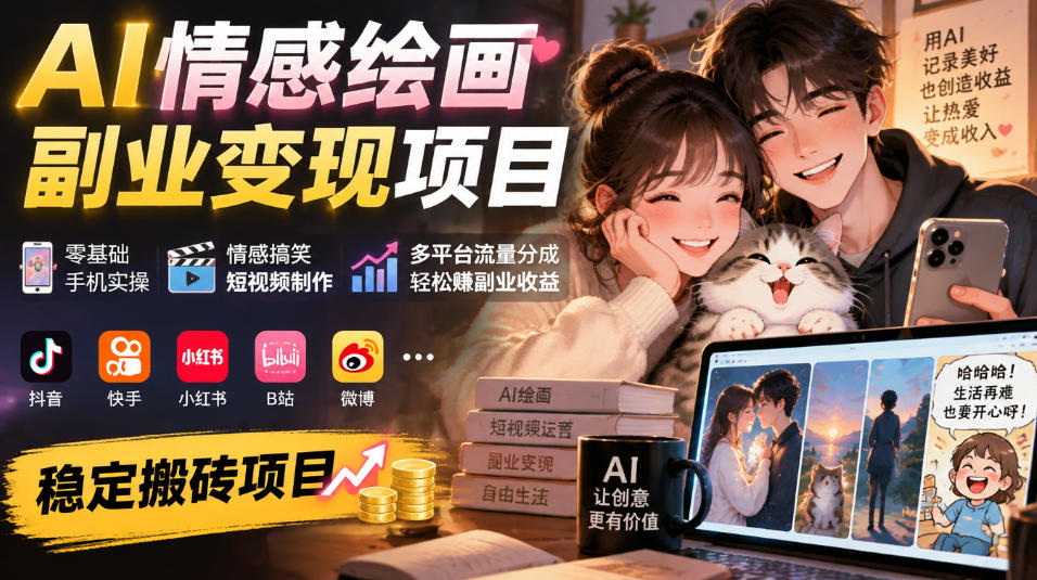 AI情感绘画副业变现项目｜零基础手机实操，情感搞笑短视频制作，多平台流量分成轻松賺副业收益-知创网