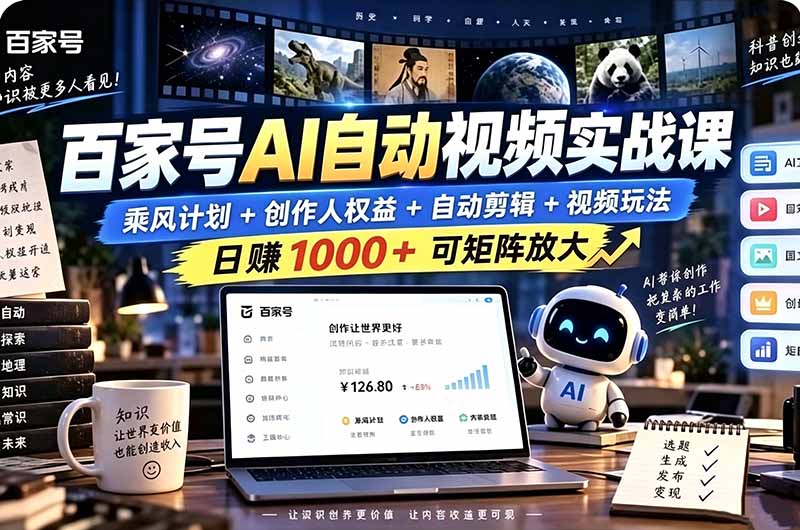 （21204期）百家号自动矩阵玩法，长期可以做的项目，日入1k+，真正的睡后收入-知创网