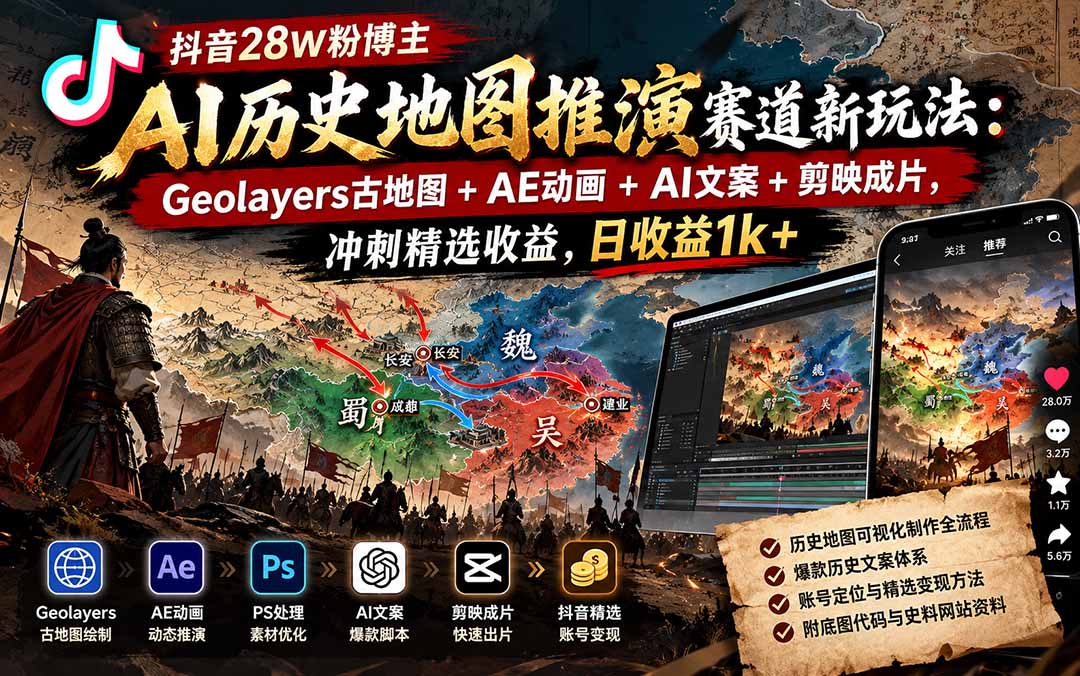 （20809期）抖音28W粉博主AI历史地图推演赛道新玩法：Geolayers古地图+AE动画+AI文案+剪映成片，冲刺精选收益，日收益1k+-知创网