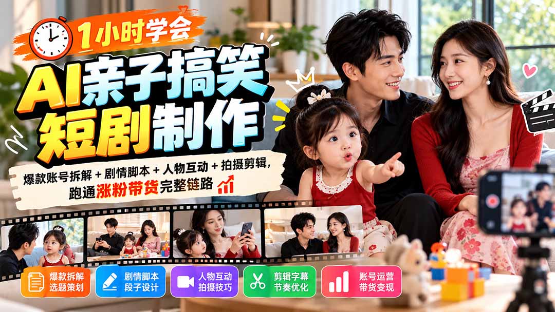 （20807期）1小时学会AI亲子搞笑短剧制作：爆款账号拆解+剧情脚本+人物互动+拍摄剪辑，跑通涨粉带货完整链路-知创网