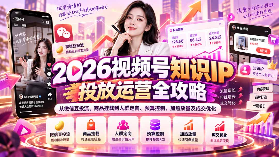 （20860期）2026视频号知识IP投放运营全攻略：从微信豆投流、商品挂载到人群定向、预算控制、加热放量及成交优化-知创网