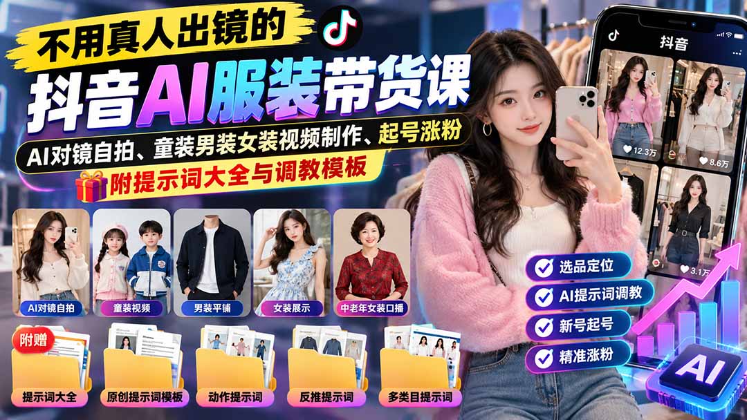 （20960期）不用真人出镜的抖音AI服装带货课：AI对镜自拍、童装男装女装视频制作、起号涨粉，附提示词大全与调教模板-知创网