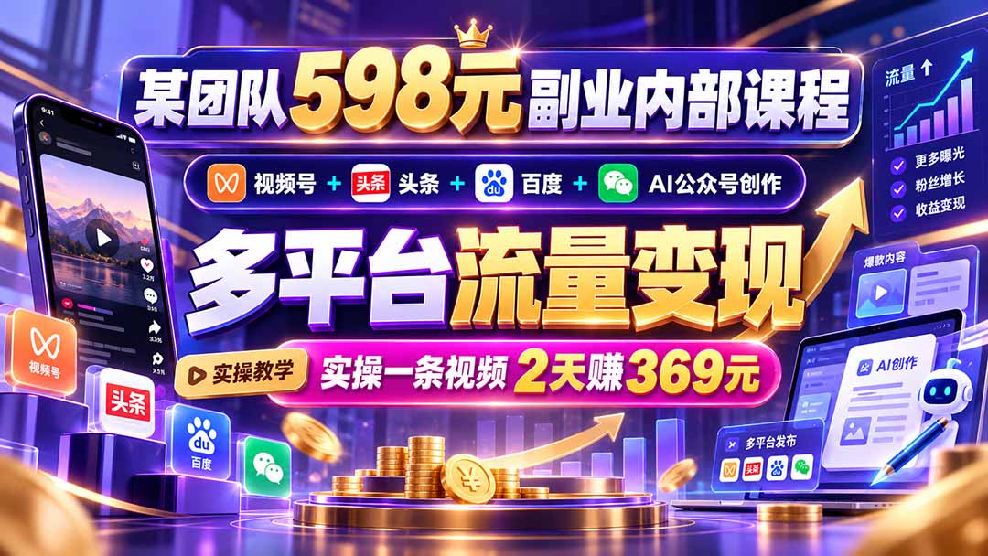 （21238期）某团队598元副业内部课程：视频号+头条+百度+AI公众号创作、多平台流量变现，实操一条视频2天赚369元-知创网
