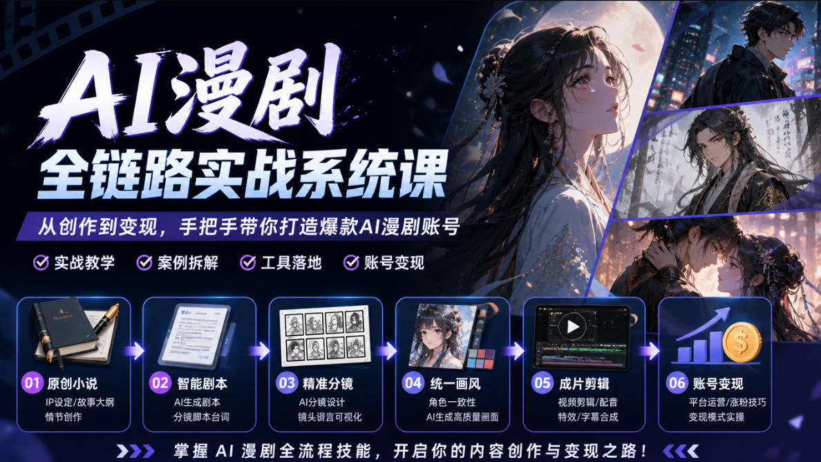 AI漫剧全链路实战系统课｜原创小说、智能剧本、精准分镜、统一画风、成片剪辑、账号变现实操教学-知创网