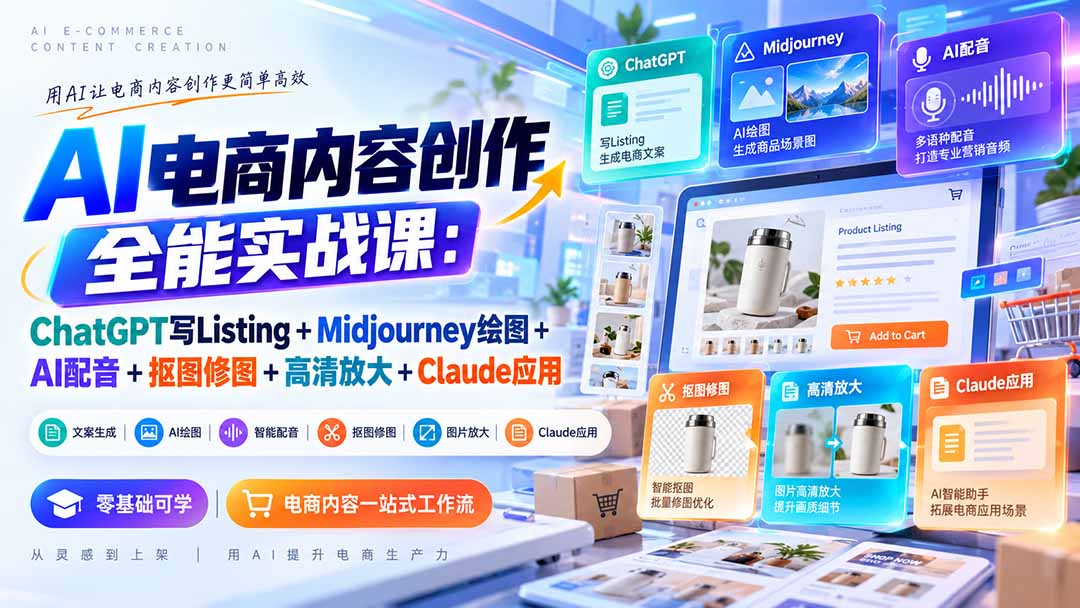（20770期）【无水印】AI电商内容创作全能实战课：ChatGPT写Listing+Midjourney绘图+AI配音+抠图修图+高清放大+Claude应用-知创网