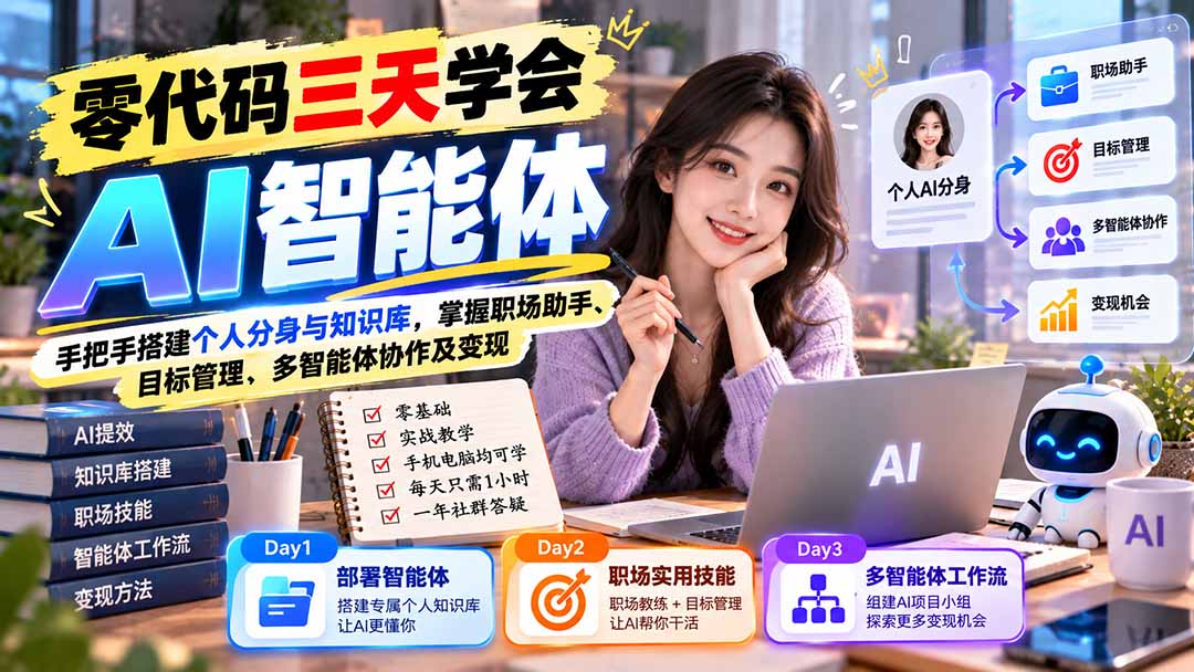 （20978期）【无水印】零代码三天学会AI智能体：手把手搭建个人分身与知识库，掌握职场助手、目标管理、多智能体协作及变现-知创网