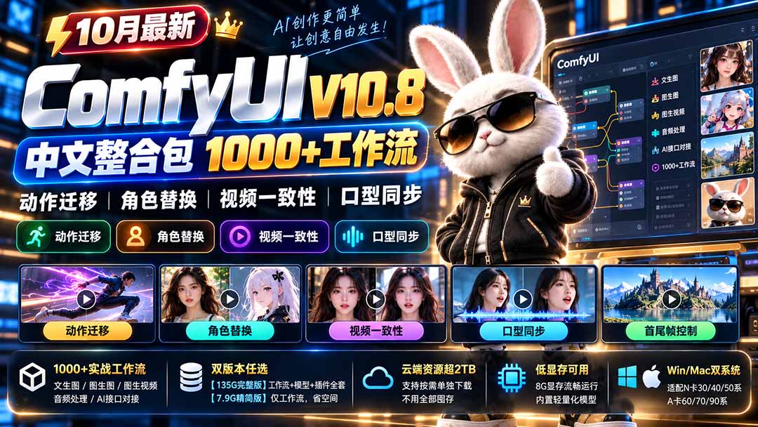 （21240期）10月最新ComfyUI V10.8中文整合包 1000+工作流 动作迁移 角色替换 视频一致性 口型同步 低显存可用-知创网
