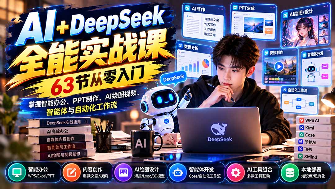（21141期）AI+DeepSeek全能实战课：63节从零入门，掌握智能办公、PPT制作、AI绘图视频、智能体与自动化工作流-知创网