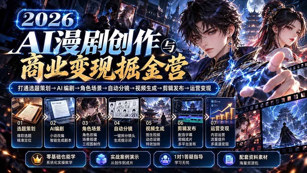 （20906期）【无水印】2026AI漫剧创作与商业变现掘金营：打通选题→AI编剧→角色场景→自动分镜→视频生成→剪辑发布→运营变现-知创网