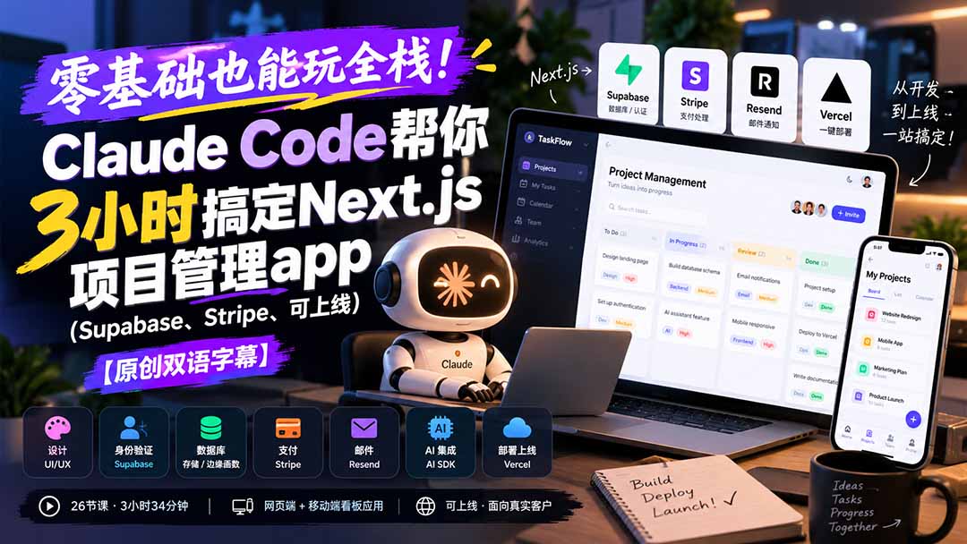 （20907期）零基础也能玩全栈！Claude Code帮你3小时搞定Next.js项目管理app（Supabase、Stripe、可上线）【原创双语字幕】-知创网