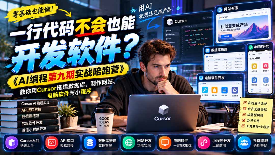 （21146期）一行代码不会也能开发软件？《AI编程第九期实战陪跑营》教你用Cursor搭建数据库、制作网站、电脑软件与小程序-知创网